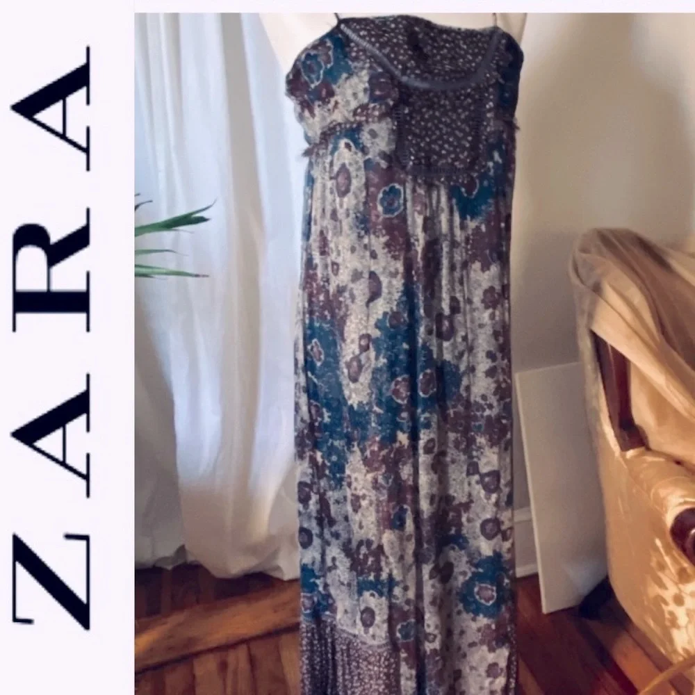 ZARA 100% Silk Chiffon Sheer Patchwork Mixed Florals Maxi Slip Dress - Picture 1 of 9